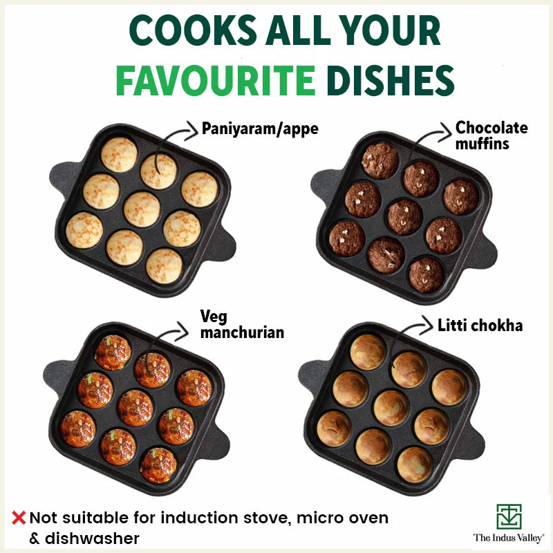 The Indus Valley 9 Pit/Cup CASTrong Cast Iron Paniyaram/Appe Pan+ Spatula, Pre-seasoned, Natural Nonstick, 100% Pure, Toxin-free, 18.2 cm, 1.34 kg - Distacart