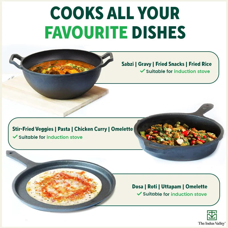 The Indus Valley CASTrong Cast Iron Cookware Set: Tawa+ Kadai+ Frypan, Kitchen Set for Home, Pre-seasoned, 100% Pure, Induction, Tadka Pan - Distacart