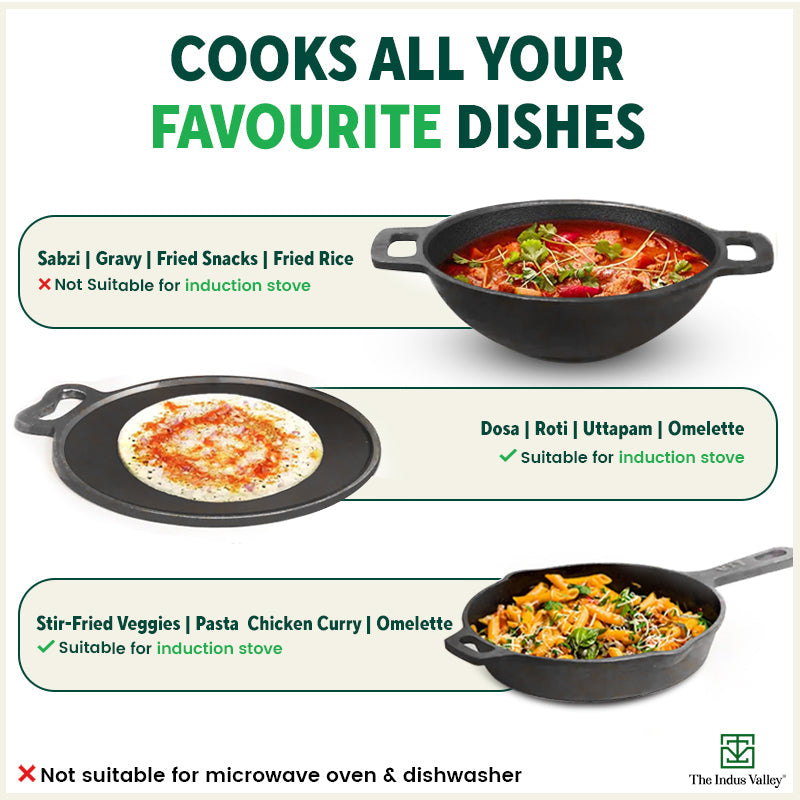 The Indus Valley Super Smooth Cast Iron Set: Frypan+ Kadai+ Tawa, Kitchen set for Home, Nonstick, 100% Pure,Toxin-free, Tadka Pan