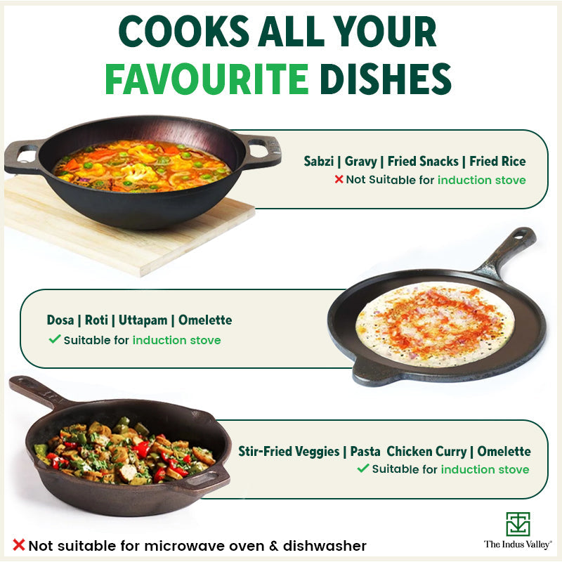 The Indus Valley Super Smooth Cast Iron Set: Kadai+ Tawa+ Frypan, Kitchen set for Home, Nonstick, 100% Pure, Toxin-free, Tadka Pan