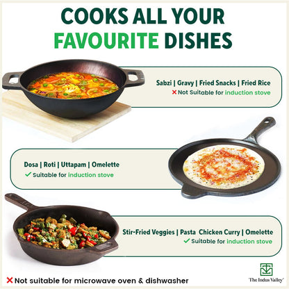 The Indus Valley Super Smooth Cast Iron Set: Kadai+ Tawa+ Frypan, Kitchen set for Home, Nonstick, 100% Pure, Toxin-free, Tadka Pan - Distacart