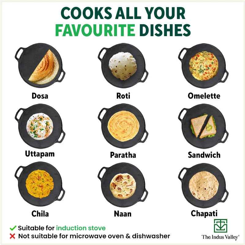 The Indus Valley CASTrong Cast Iron Roti/Dosa Tawa, Pre-seasoned, Nonstick, 100% Pure, Toxin-free, Gas & Induction,Spatula, 30.2cm, 2.4kg