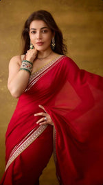 Thumbnail for Joban Fashion Red Fandy Satin Silk Party Wear Sarees - Distacart