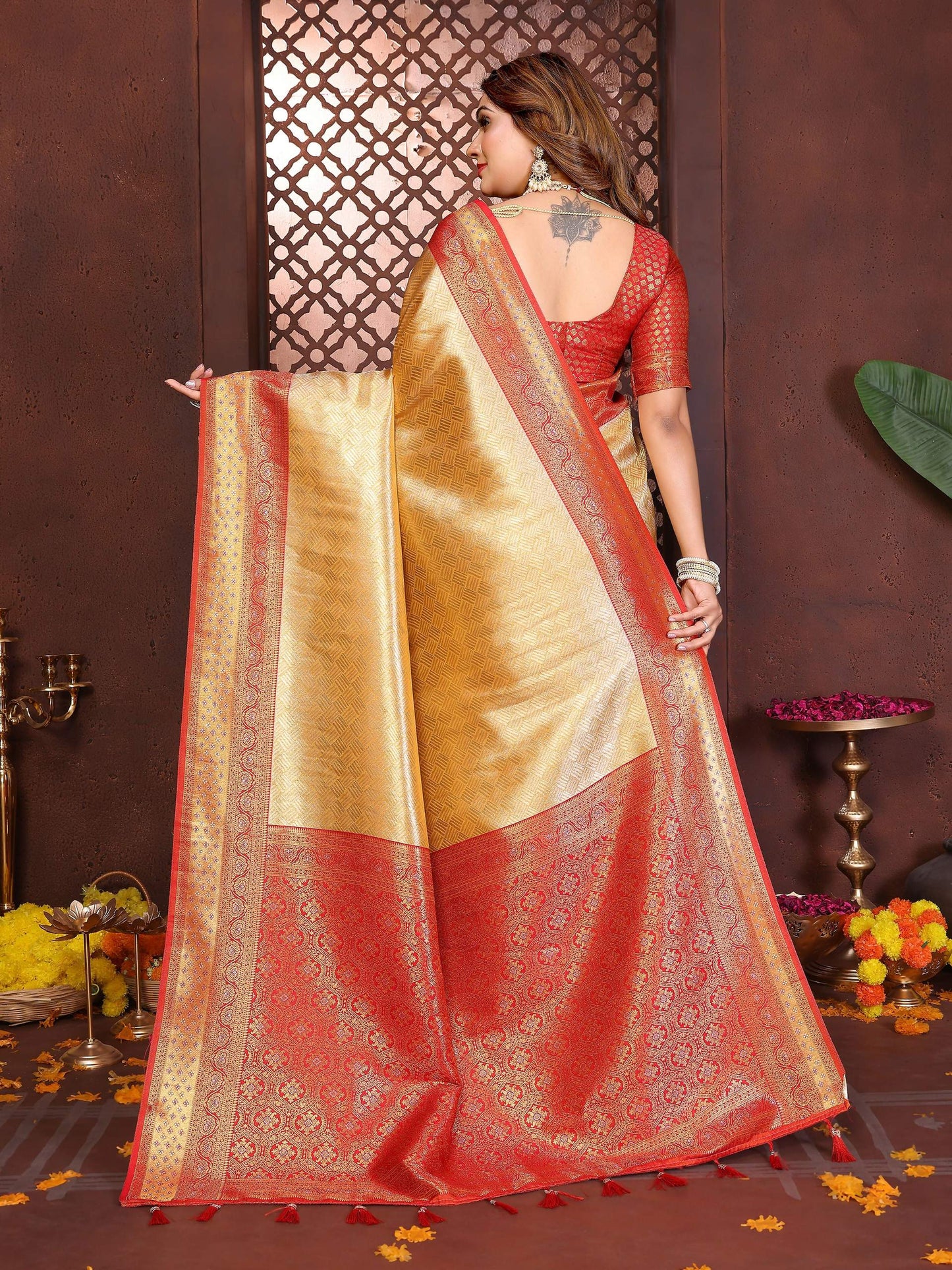 Aastha Fashion Cream Tissue Silk Woven Saree - Distacart