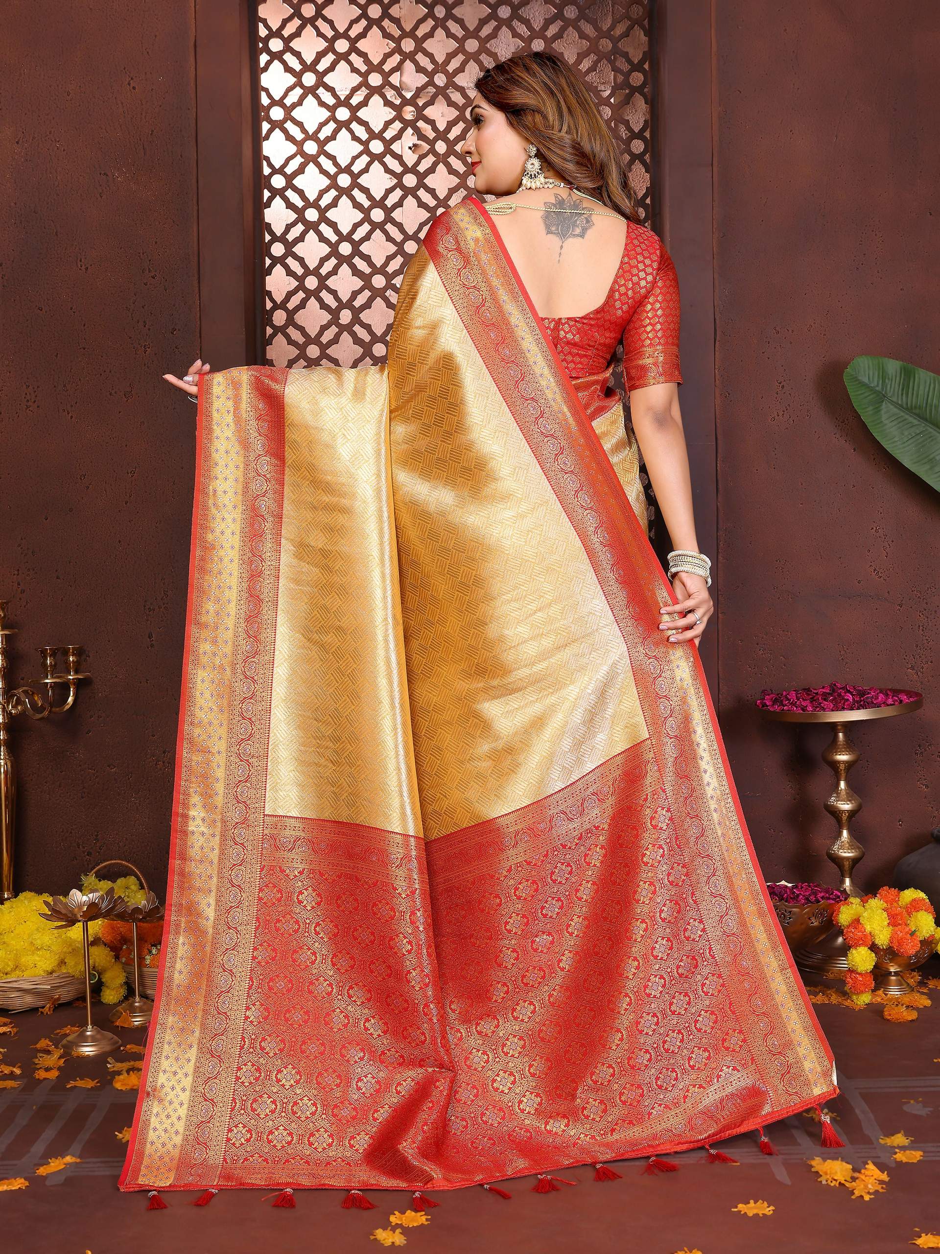 Aastha Fashion Cream Tissue Silk Woven Saree - Distacart