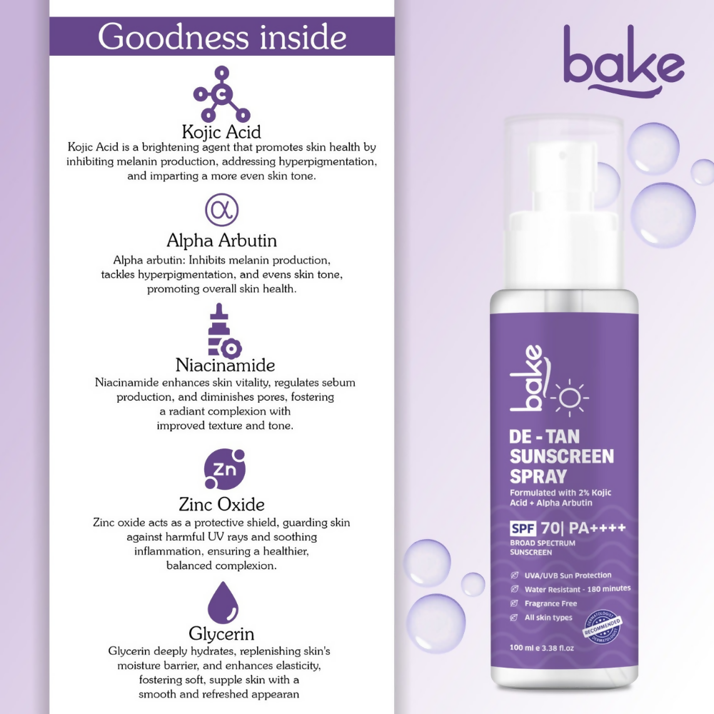 Bake De-tan Waterproof Sunscreen Spray SPF 70 PA+++ with 2% Kojic Acid