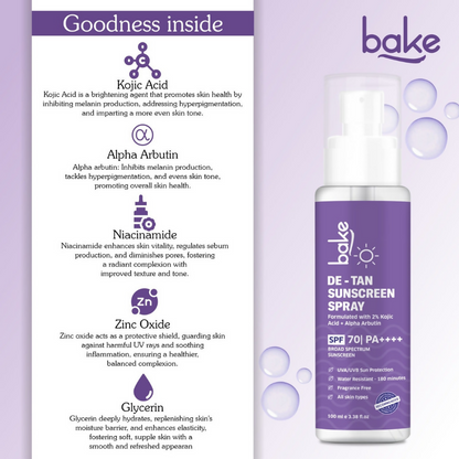 Bake De-tan Waterproof Sunscreen Spray SPF 70 PA+++ with 2% Kojic Acid - Distacart