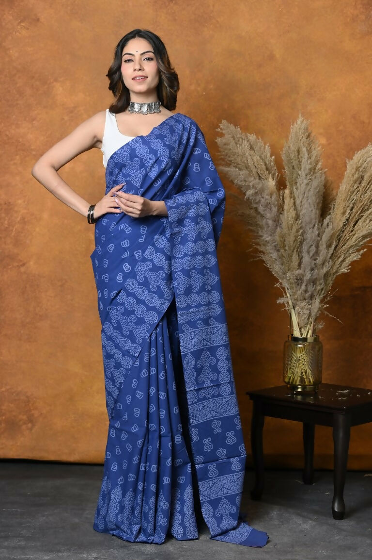 Very Much Indian Handblock Printed Cotton Saree With Natural Dyes - Indigo Blue - Distacart