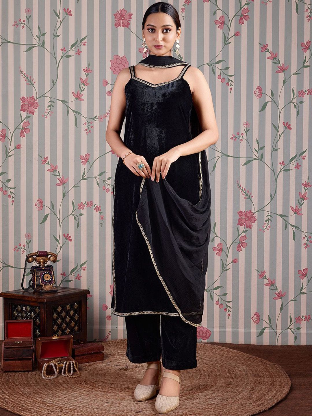 Ode by House of Pataudi V Neck Gotta Patti Velvet Straight Kurta with Trousers & Dupatta - Distacart