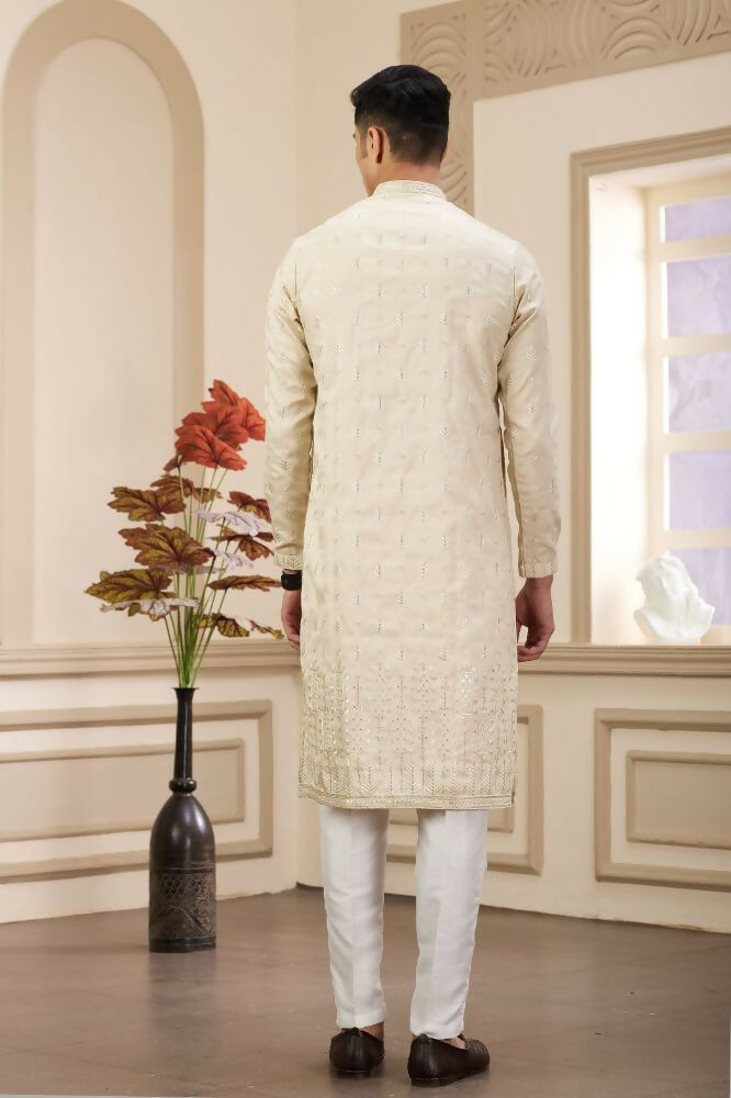 Raivat Ethnic Art Silk Thread Work Kurta Pajama In Beige Colour