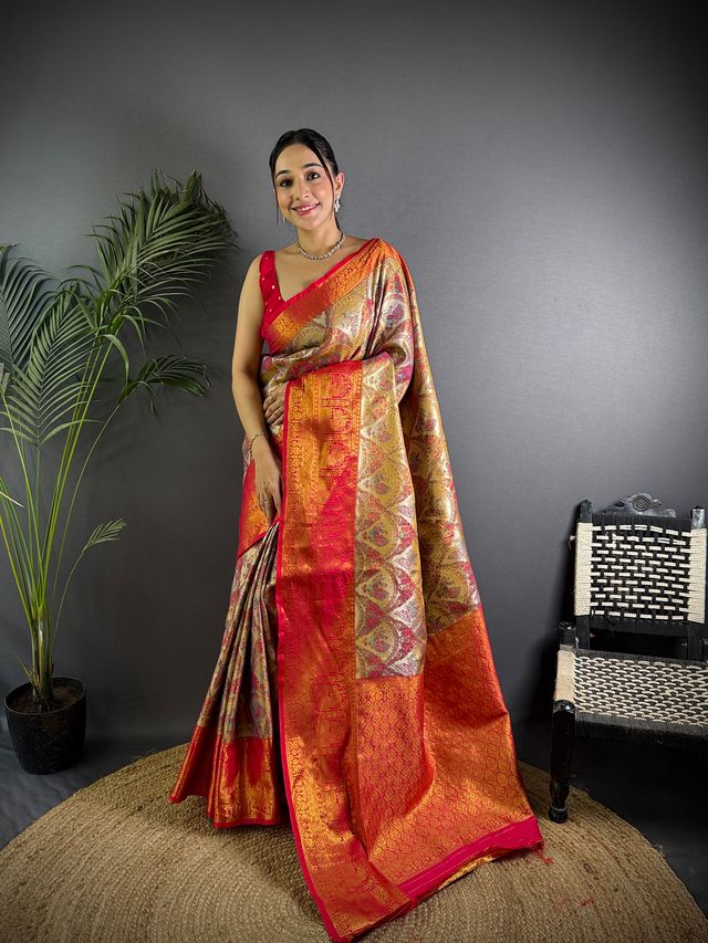 Elora Brown Silk Leheriya Meenakari Zari Weaves Dharmavaram Saree - Dista
