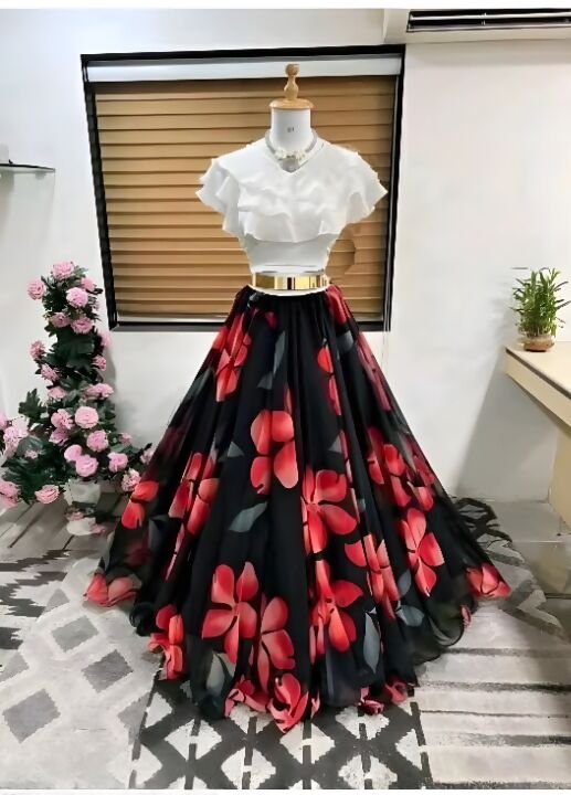 Dishitha Creation Floral Printed Stitched Lehenga & Crop Top - White & Black - Distacart