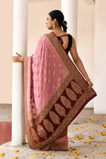 Thumbnail for Joban Fashion Nude Pink Crepe Chiffon Pure Handloom Banarasi Silk Saree