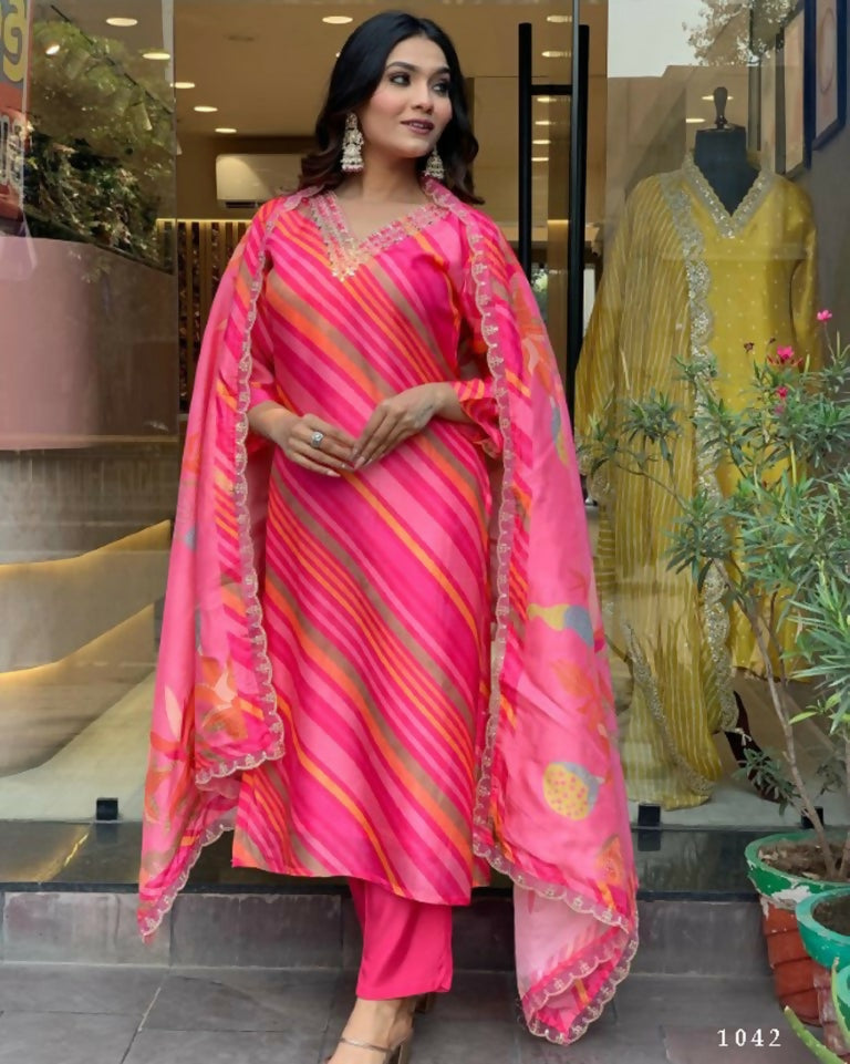 Partywear Designer Pure Russian Silk Pink Stitched Suit With Dupatta - Tanisha - Distacart