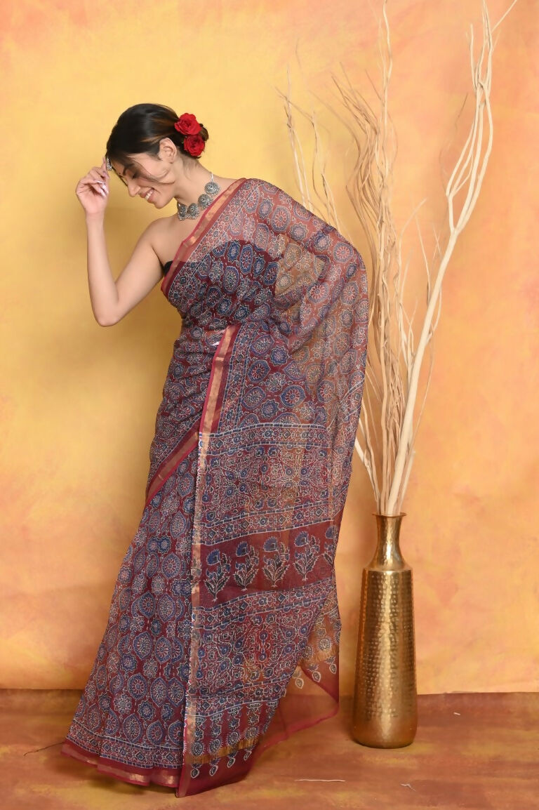 Very Much Indian Pure Kota Cotton Handblock Printed Saree - Grey - Distacart