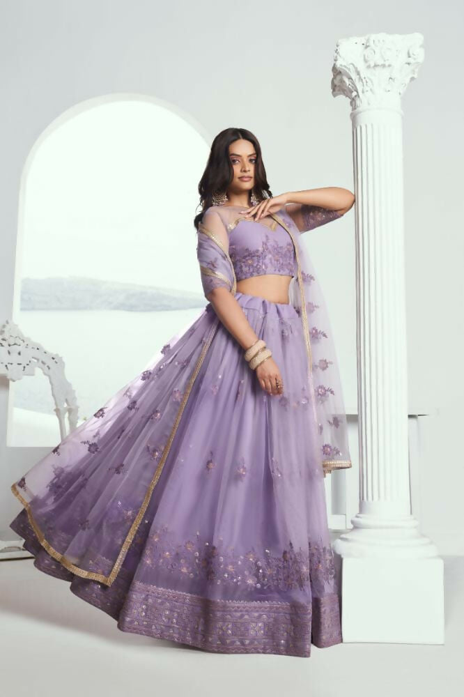 Aastha Fashion Lavender Butterfly Net Tone To Tone Cotton Thread Work And Sequence Work Embroidery Wedding Wear Lehenga Choli - Distacart