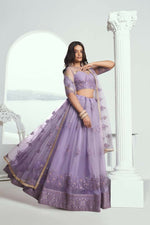 Thumbnail for Aastha Fashion Lavender Butterfly Net Tone To Tone Cotton Thread Work And Sequence Work Embroidery Wedding Wear Lehenga Choli - Distacart