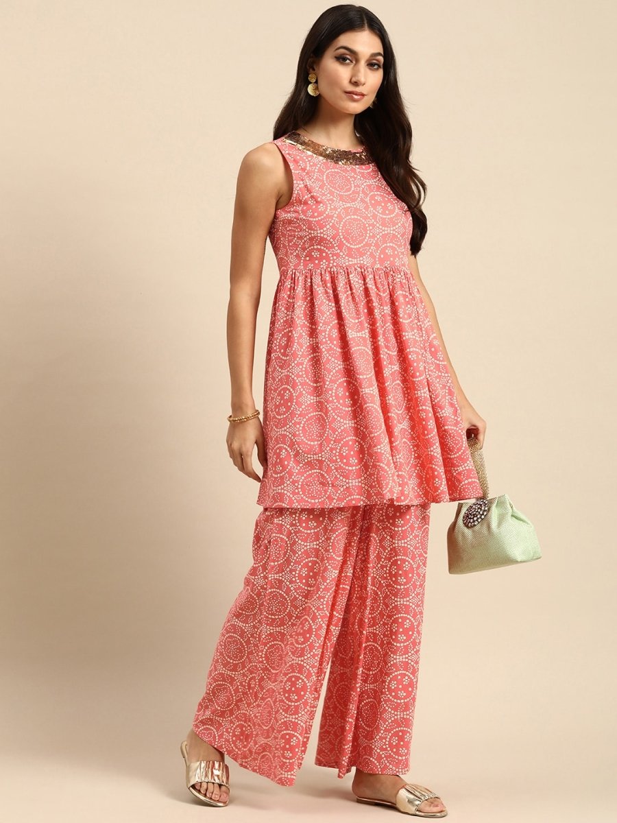 All About You Women Peach Pin & White Bandhani Print Pleated Sequinned Kurti with Palazzos - Distacart