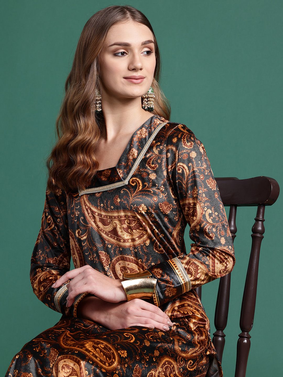 Sangria Velvet Finish Paisley Design Gotta Patti Kurta with Palazzos - Distacart