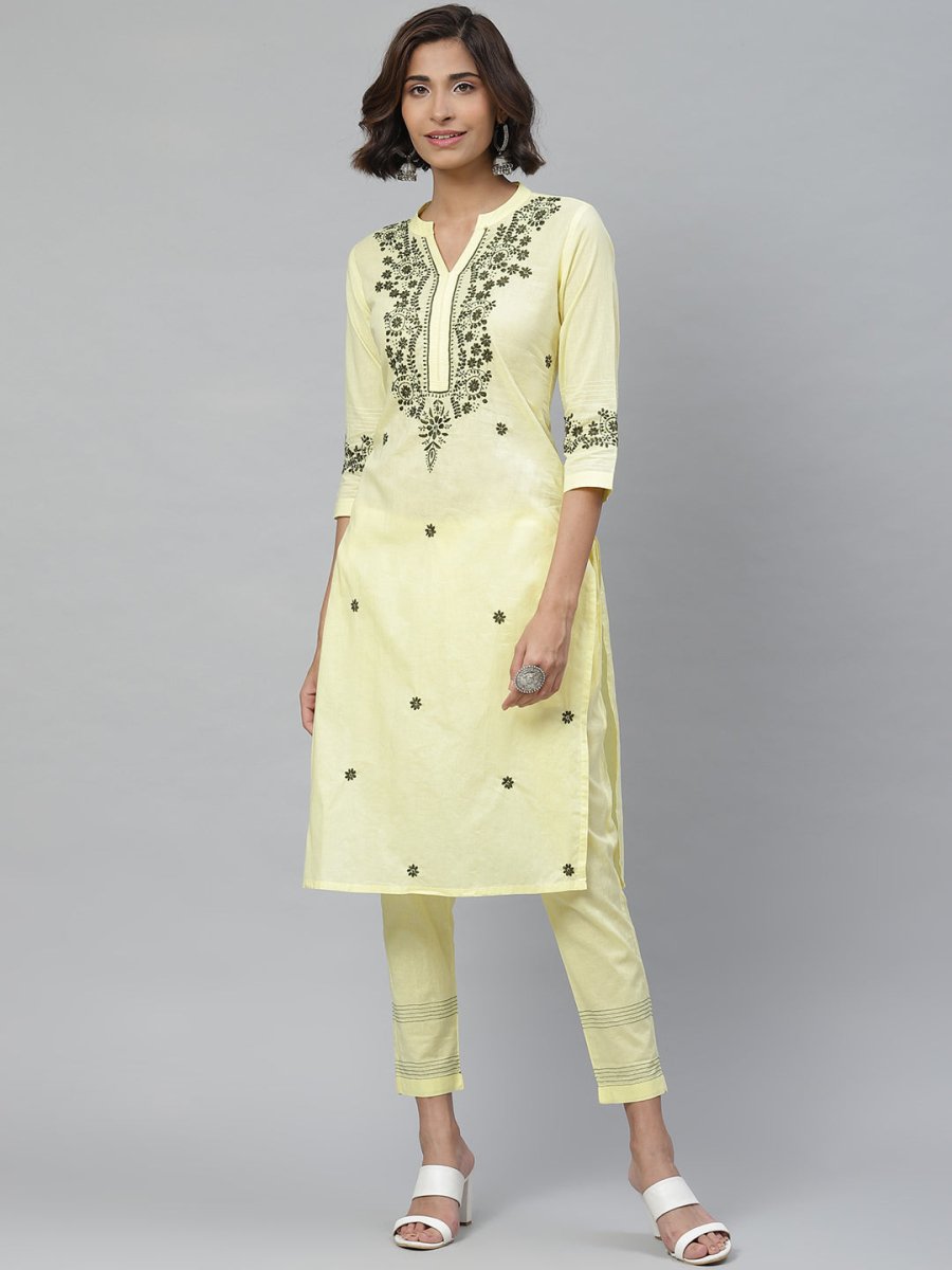 ADA Women Yellow & Olive Green Chikankari Floral Embroidered Sustainable Handloom Kurta with Trousers - Distacart