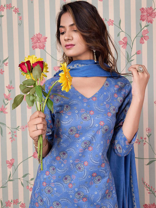 Ode by House of Pataudi Floral Printed Regular Pure Cotton Kurta with Trousers & Dupatta - Distacart