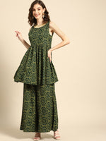 Thumbnail for All About You Women Green Bandhani Printed Gathered Sequinned Kurti with Palazzos - Distacart