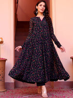 Thumbnail for Kalini Floral Printed Round Neck Long Sleeves Georgette Anarkali Kurta - Distacart