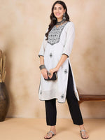 Thumbnail for Anouk White Ethnic Motifs Embroidered Mirror Work Detailed Pure Cotton Straight Kurta
