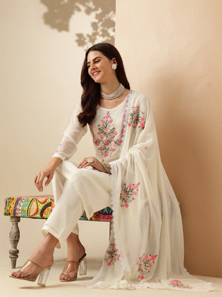 Anouk Floral Yoke Design Regular Thread Work Kurta With Palazzos & Dupatta - Distacart