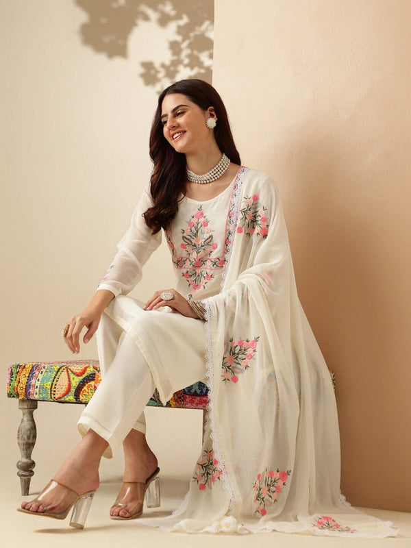 Anouk Floral Yoke Design Regular Thread Work Kurta With Palazzos & Dupatta