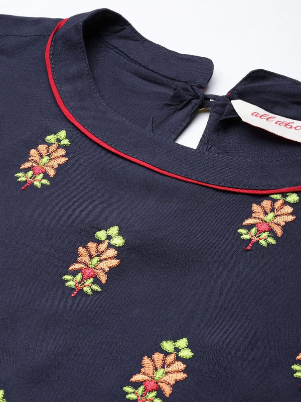 All About You Women Navy Blue Floral Embroidered Regular Thread Work Kurta with Trousers - Distacart
