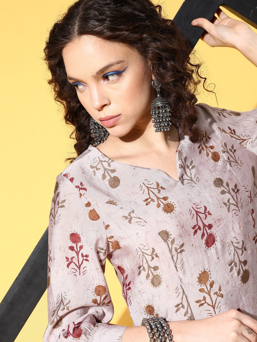All About You Women Amusing Taupe Ethnic Motifs Print Parade Kurta with Trousers - Distacart