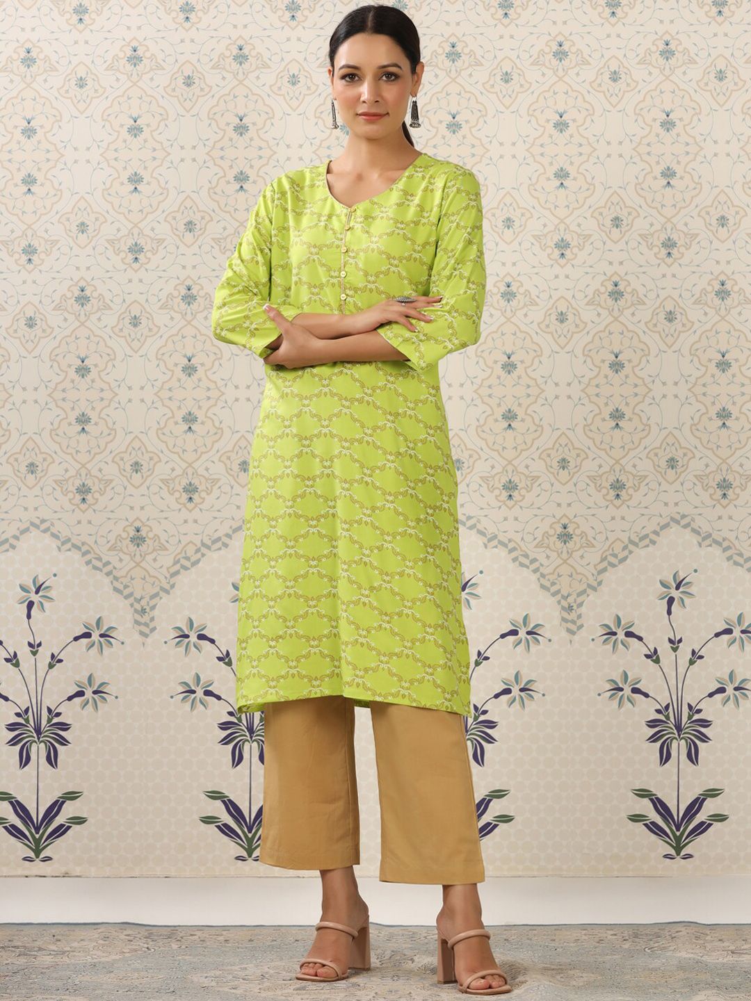 Ode by House of Pataudi Lime Green & Beige Printed V Neck Kurta With Palazzos - Distacart