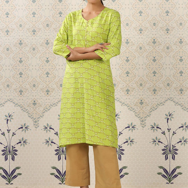 Ode by House of Pataudi Lime Green & Beige Printed V Neck Kurta With Palazzos - Distacart
