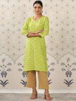 Thumbnail for Ode by House of Pataudi Lime Green & Beige Printed V Neck Kurta With Palazzos - Distacart