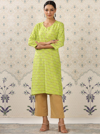 Ode by House of Pataudi Lime Green & Beige Printed V Neck Kurta With Palazzos - Distacart