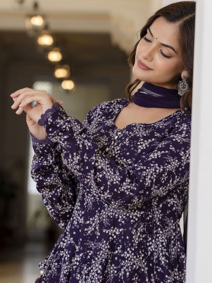 Anouk Purple Floral Printed Empire Pure Cotton Anarkali Kurta With Pyjama & Dupatta