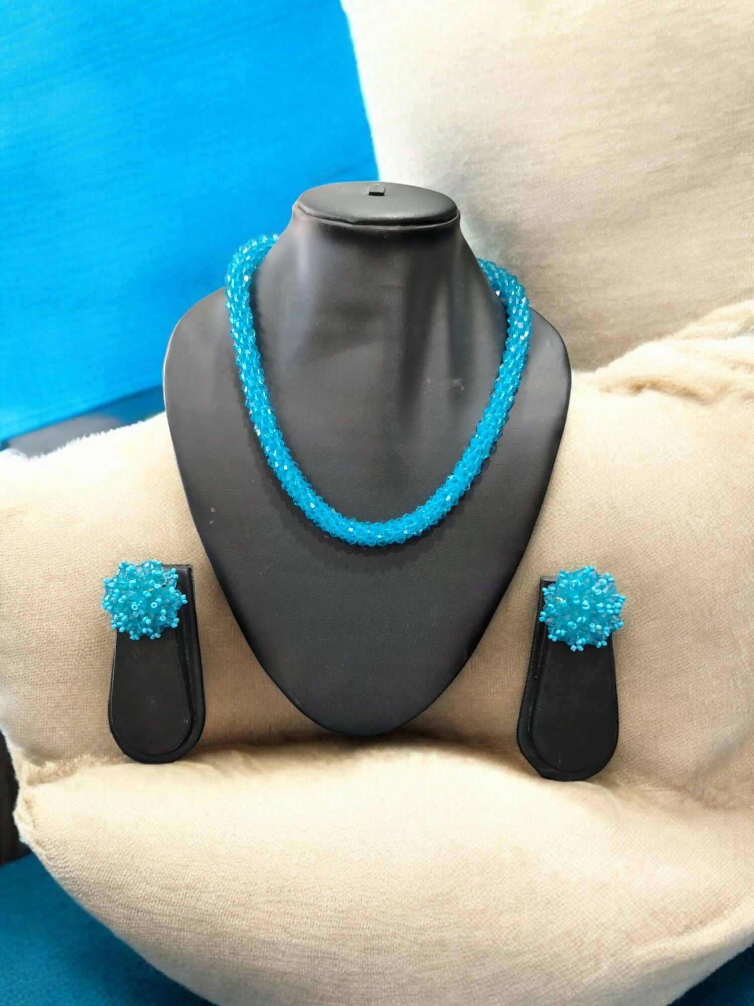 Inhanns Noor-E-Jalwa – Handmade Crystal Bead Necklace / Necklace With Earrings -Adjustable - Sky Blue - Distacart