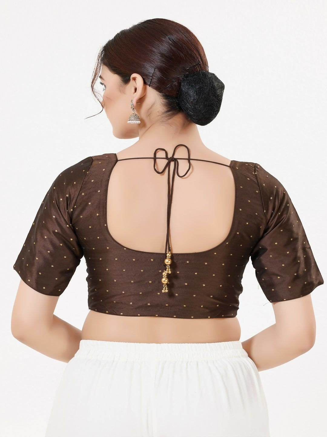 Joban Fashion Brown Taffeta Silk Elbow Sleeveless Front Open Blouse