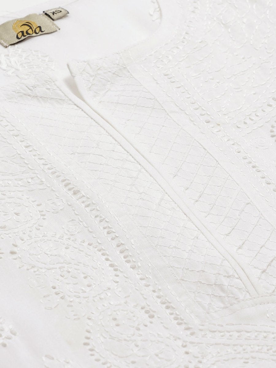 ADA Women White Chikankari Embroidered Sustainable Handloom Kurta with Churidar - Distacart