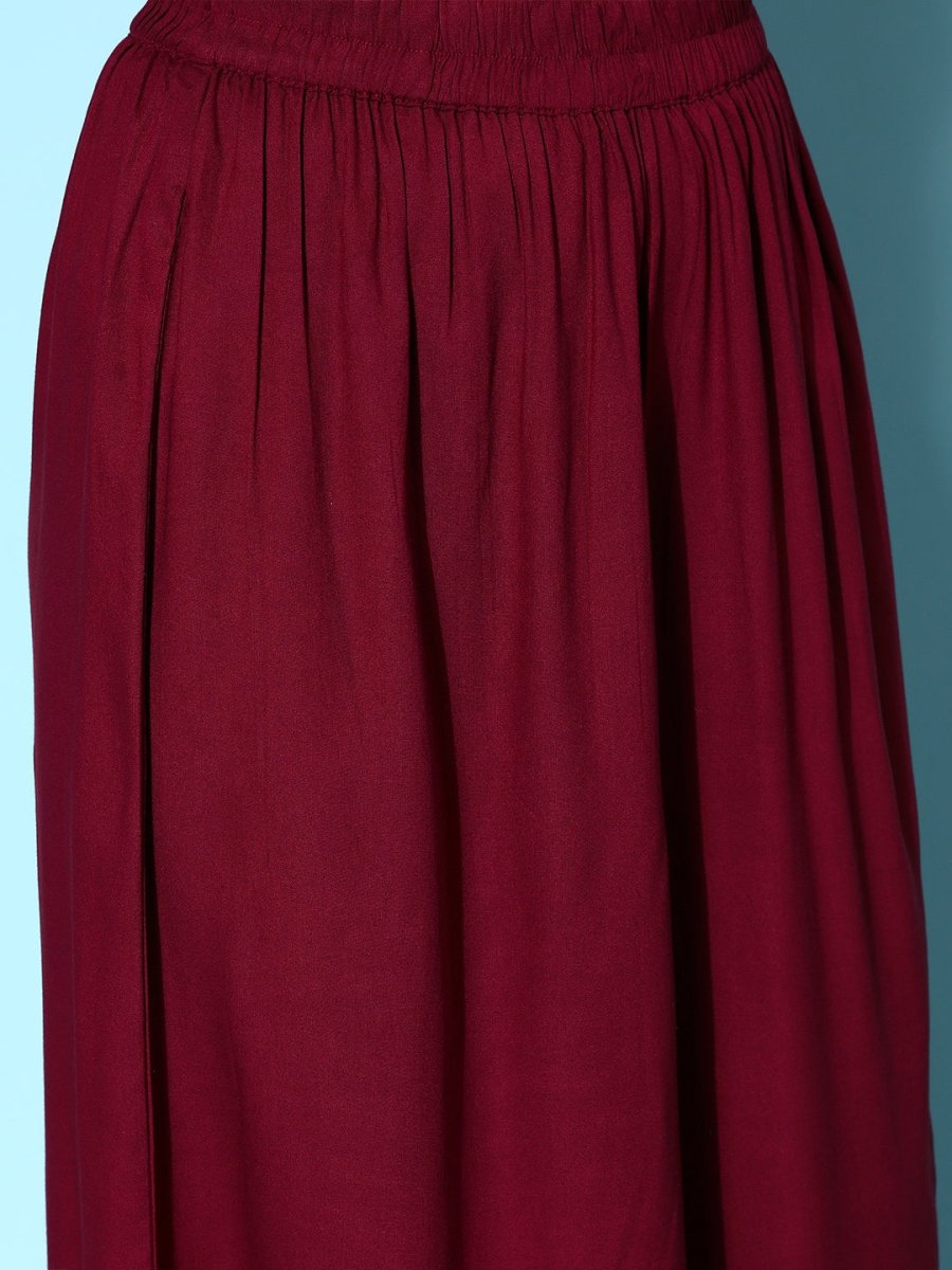 All About You Carmine Maroon Printed A-Line Veere Di Wedding Kurta with Palazzos - Distacart
