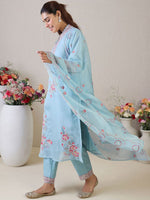 Thumbnail for Indo Era Floral Embroidered V-Neck Thread Work Straight Kurta & Trousers & Dupatta