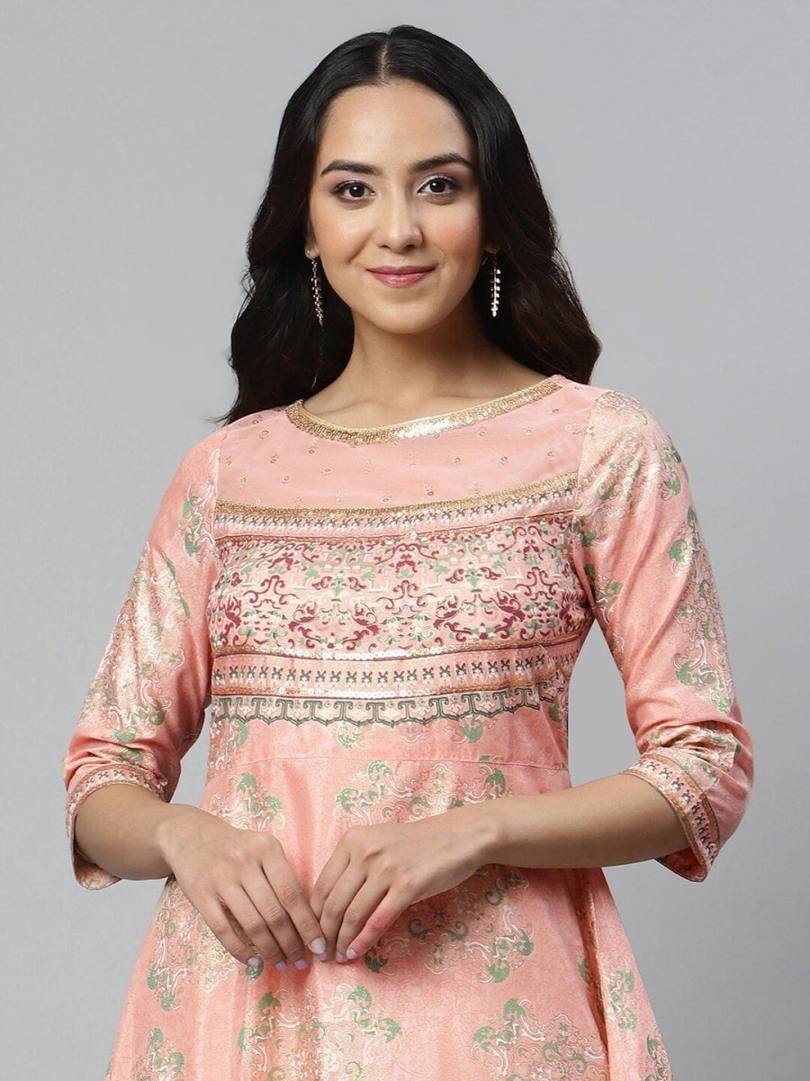 AURELIA Pink Ethnic Motifs Satin Maxi Dress - Distacart