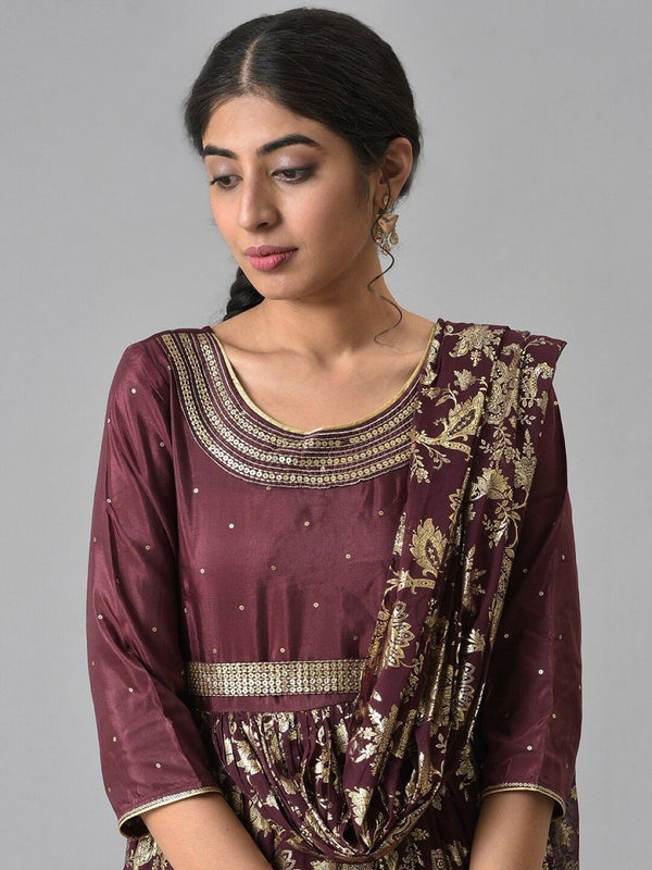AURELIA Brown Ethnic Motifs A-Line Midi Dress