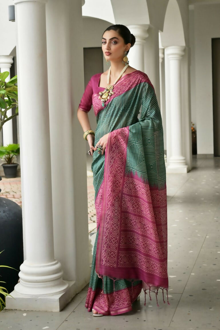 Vishnu Weaves Women's Wine Soft Tussar Silk Printed Saree with Blouse