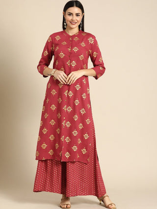 All About You Women Red Ethnic Motifs Printed Kurta with Palazzos - Distacart