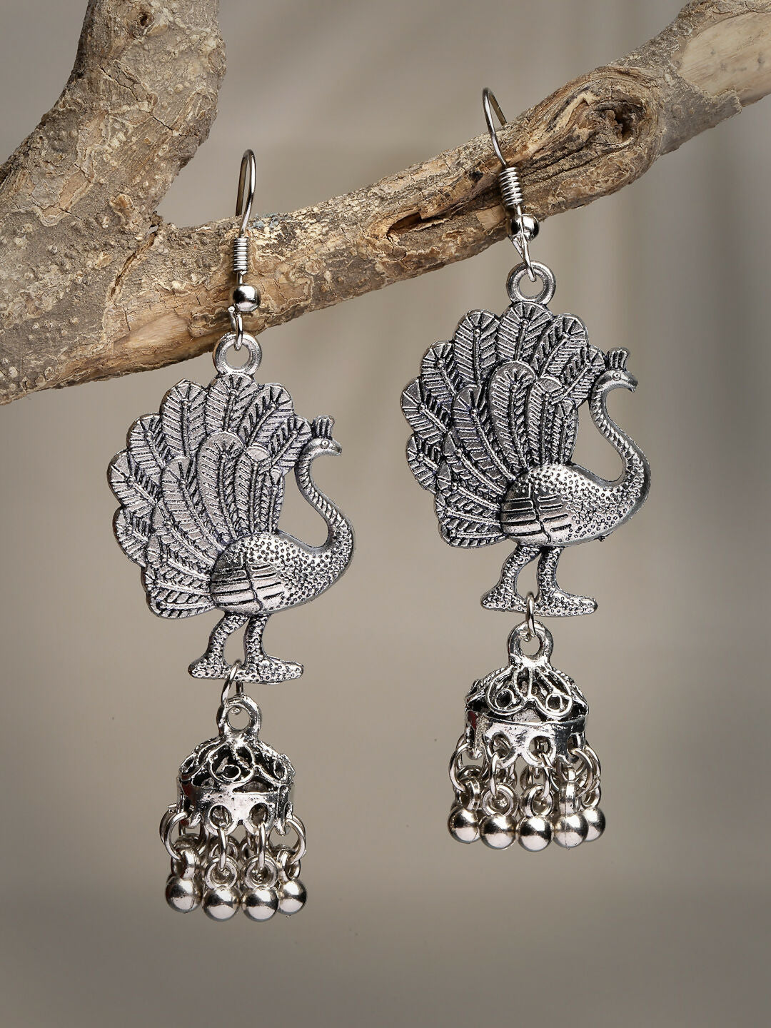 NVR Women's Silver-Toned Peacock Desing German Silver Oxidised Dome Shaped Jhumka Earrings - Distacart