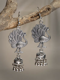 Thumbnail for NVR Women's Silver-Toned Peacock Desing German Silver Oxidised Dome Shaped Jhumka Earrings - Distacart