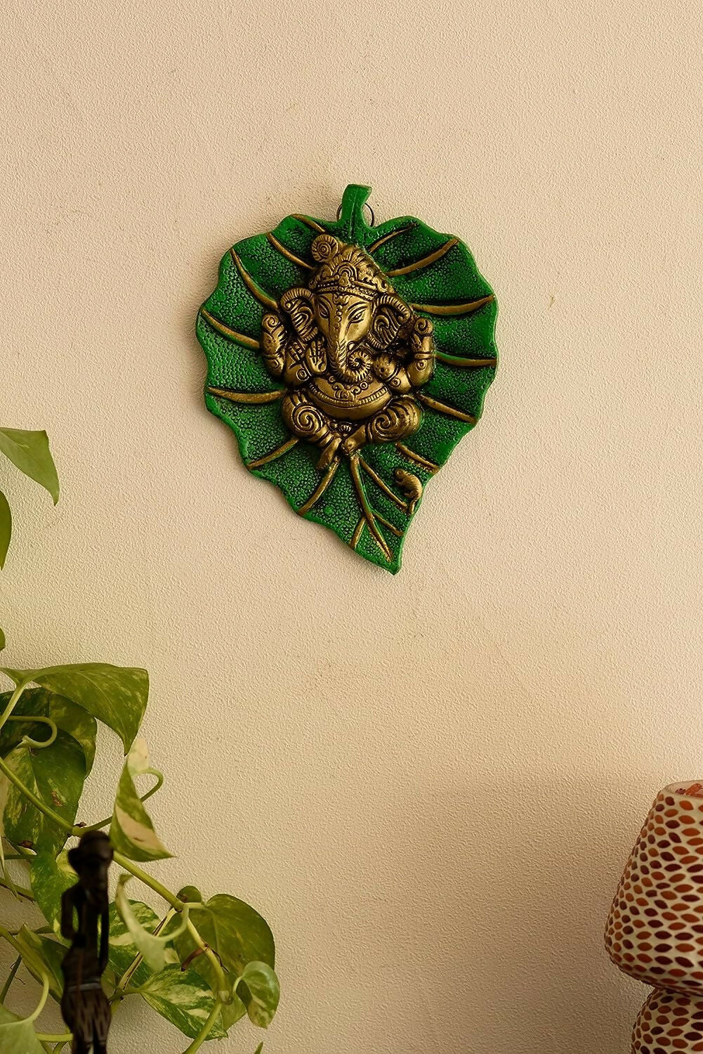 eCraftIndia Metal Golden Lord Ganesha On Green Leaf Wall Hanging Sculpture - Distacart