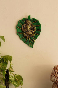 Thumbnail for eCraftIndia Metal Golden Lord Ganesha On Green Leaf Wall Hanging Sculpture - Distacart